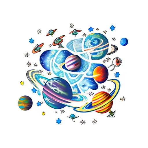 space sleeve with planets and stars with small dragons  tattoo design idea