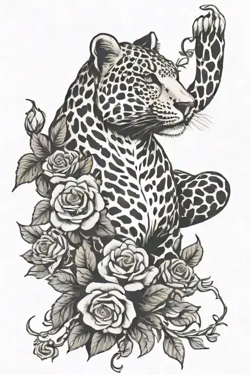 Create a traditional style tattoo of a leopard climbing a rose vine, representing the client's strength and resilience in their journey to sobriety tattoo design idea