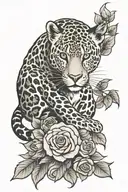 Create a traditional style tattoo of a leopard climbing a rose vine, representing the client's strength and resilience in their journey to sobriety tattoo design idea