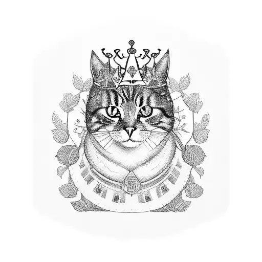 A majestic blackwork tattoo of a cat wearing a crown, surrounded by polaroid frames featuring BTS Jungkook in different poses. tattoo design idea