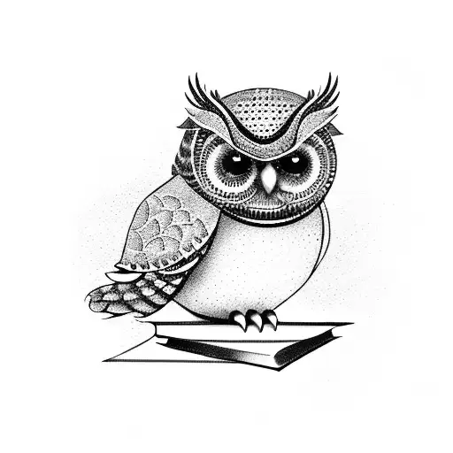 A dotwork tattoo of an owl perched on a book tattoo design idea