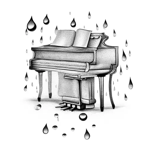 A blackwork tattoo of a piano surrounded by raindrops tattoo design idea