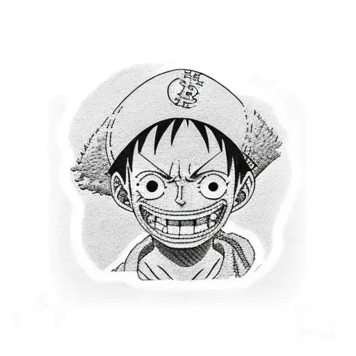 Luffy from one piece when he laughs and sits on a bitcoin tattoo design idea