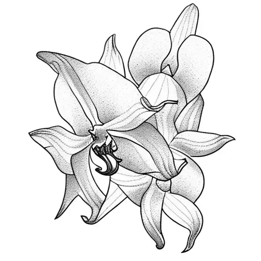 Fineline tattoo of a postage stamp depicting a setting sun by the sea, an orchid to the left of it, top right 11:11 tattoo design idea