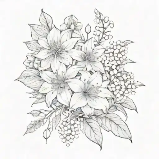 bouquet of flowers; dahlia, lily of the valley, carination, morning glory, snowdrop  tattoo design idea