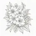 bouquet of flowers; dahlia, lily of the valley, carination, morning glory, snowdrop  tattoo design idea