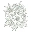 bouquet of flowers; dahlia, lily of the valley, carination, morning glory, snowdrop  tattoo design idea