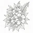 bouquet of flowers; dahlia, lily of the valley, carination, morning glory, snowdrop  tattoo design idea