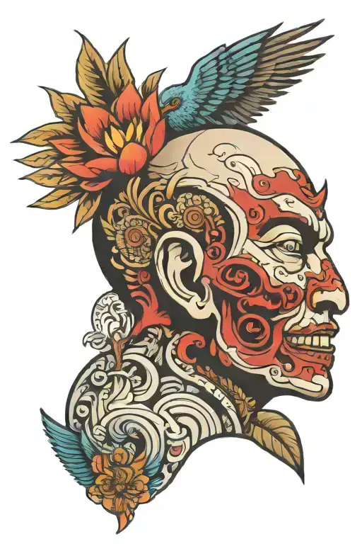 Garuda bird inside a human head surrounded tattoo design idea