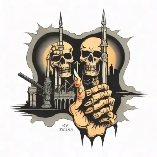 skeleton middle fingers with twin towers  tattoo design idea
