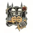 skeleton middle fingers with twin towers  tattoo design idea