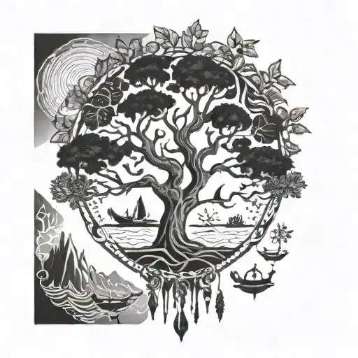 A hippy-inspired design with a family tree motif, incorporating symbols of travel and adventure tattoo design idea