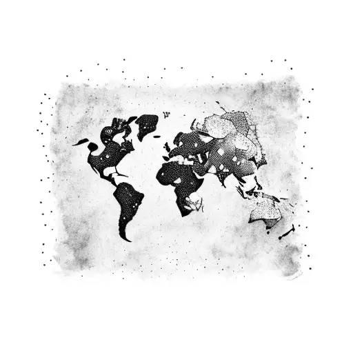 A black-grey tattoo depicting a world map with dotted lines connecting various scuba diving spots tattoo design idea