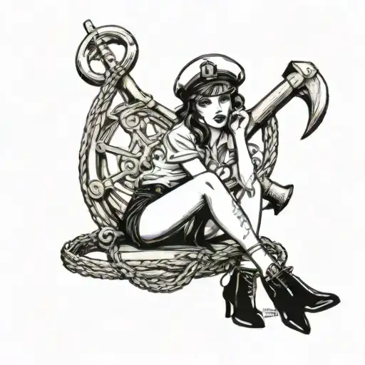 black sexy sailor pinup girl leaning against an anchor CPO hat tilted  Khaki shirt form fitting  Titties coming out tattoo design idea
