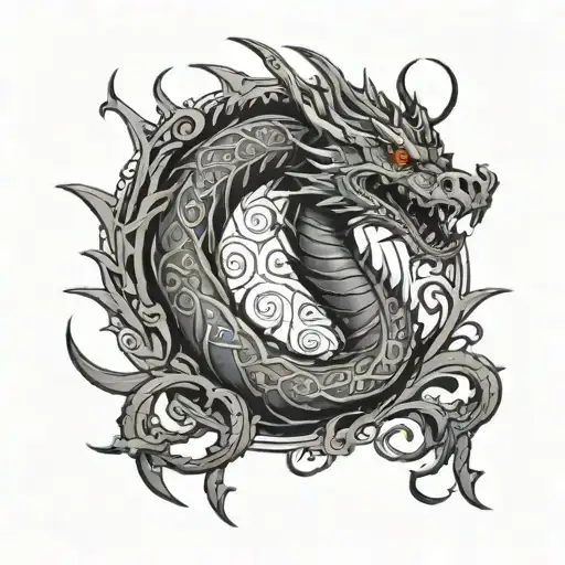 "Full-arm tattoo design, starting from the wrist to the armpit, in a gothic style. A serpentine dragon coils around the  tattoo design idea