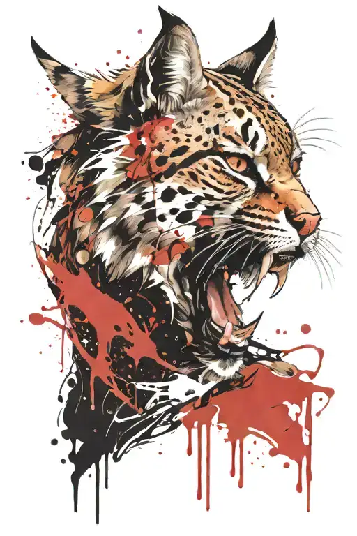 A bloody bobcat screams in a white background tattoo design idea