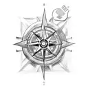 Sketch a unique composition of One Piece characters interacting with a compass tattoo design idea