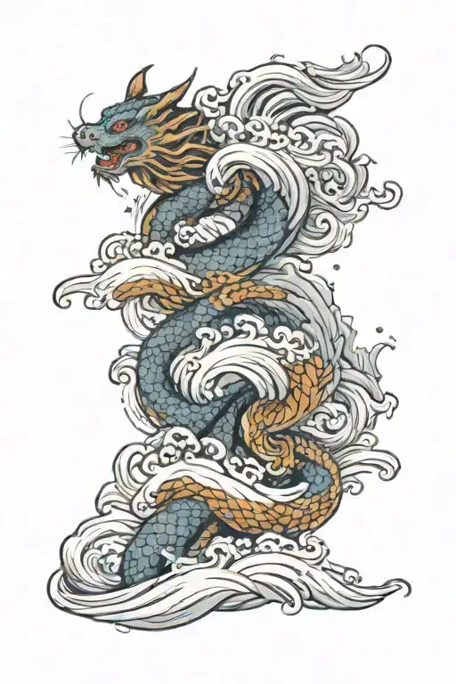 dragon, tiger, and rabbit surrounded by water waves tattoo design idea