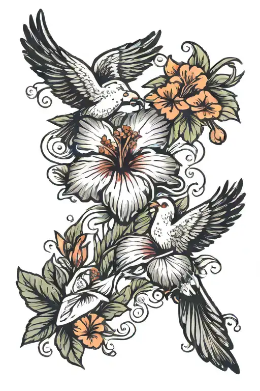 Hawaiian hibiscus 3 doves flying tattoo design idea