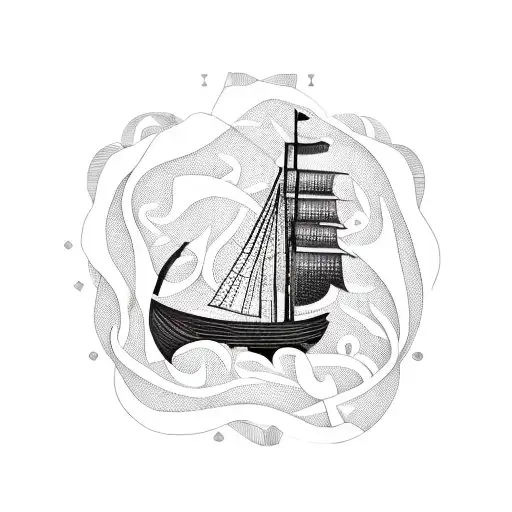 A detailed blackwork tattoo of a Viking ship sailing across a map of the world, with a fierce warrior standing on the deck surrounded by roses. tattoo design idea