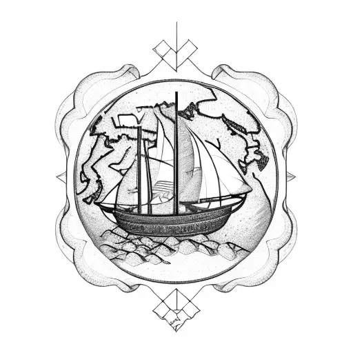 A detailed blackwork tattoo of a Viking ship sailing across a map of the world, with a fierce warrior standing on the deck surrounded by roses. tattoo design idea