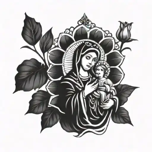Incorporate traditional symbols of the Islas Canarias into a Virgin Mary design tattoo design idea