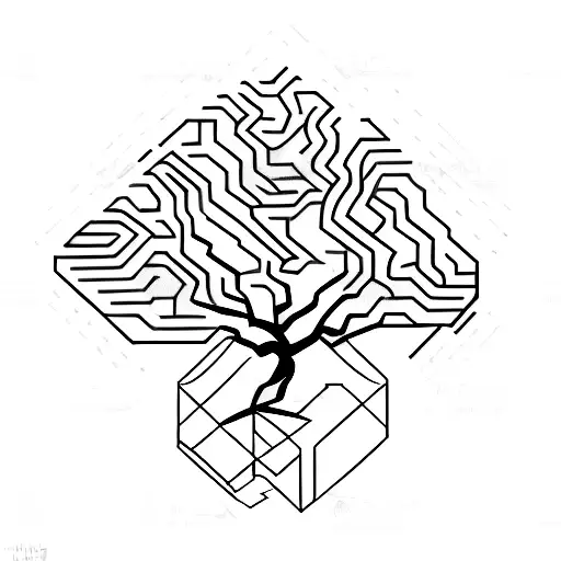 A minimalist bonsai tree with branches shaped like a labyrinth, representing the complexity of the human mind tattoo design idea
