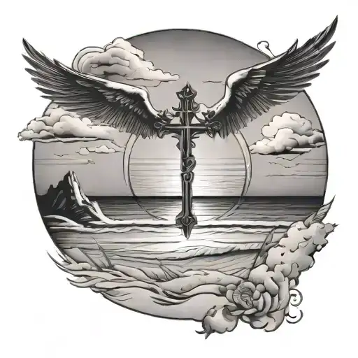 CERCLE AVEC UNE PLAGE DE SABLE AVEC UNE CROIX CHRETIENNE. AU DESSUS DE CE CERCLE IL YA DES AILES D'ANGE tattoo design idea