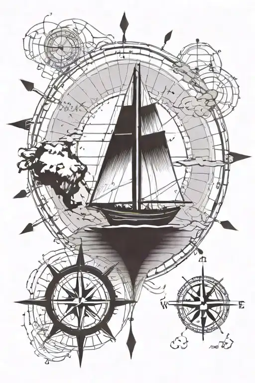 A sailboat sailing on calm waters, with a compass rose and map coordinates representing favorite travel destinations tattoo design idea