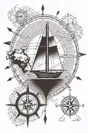 A sailboat sailing on calm waters, with a compass rose and map coordinates representing favorite travel destinations tattoo design idea