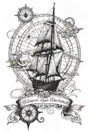 A sailboat sailing on calm waters, with a compass rose and map coordinates representing favorite travel destinations tattoo design idea