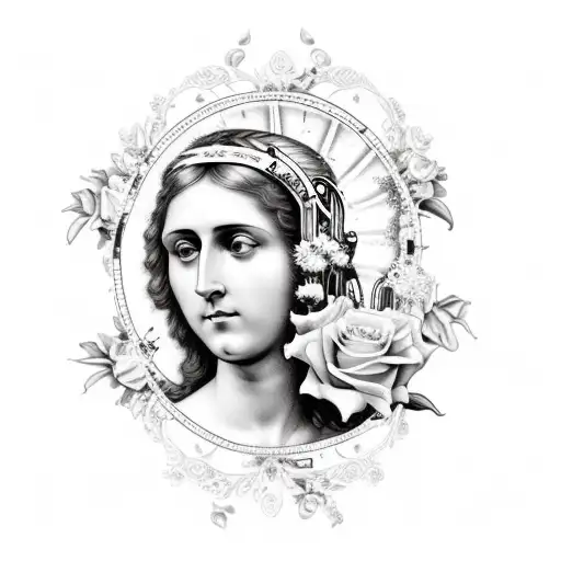 Saint Cecilia with roses, lilies and music tattoo design idea