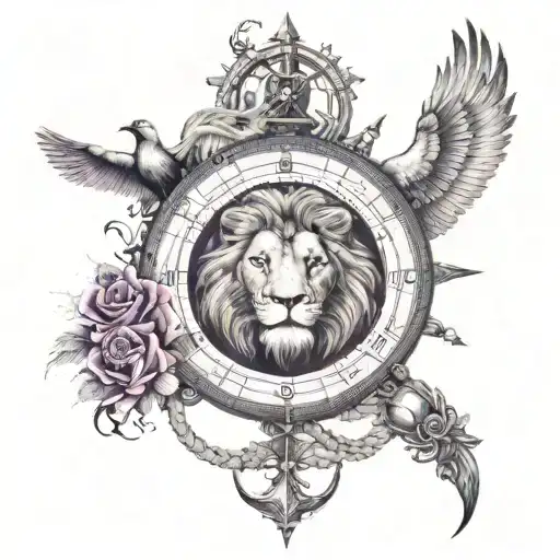 3/4 sleeve. Compass, rope, a rose, a dove, musical note, lion with purple eyes and a cross over his eye, "G>^v" text, mo tattoo design idea