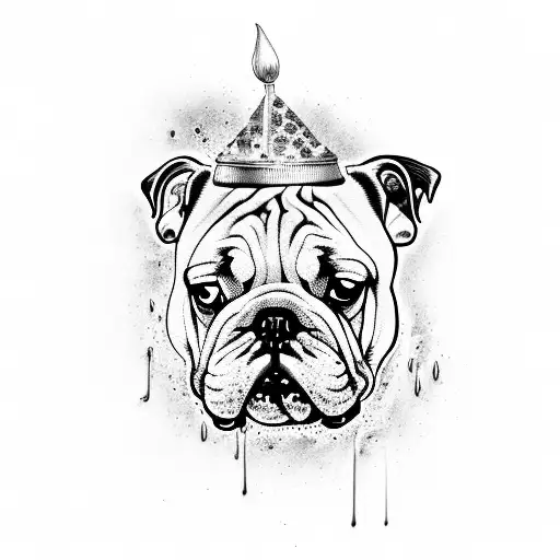 Juice Wrld's face melting into a trippy English bulldog tattoo design idea
