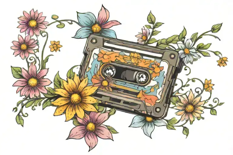 cassette tape with groovy daisy flowers and sparkles tattoo design idea