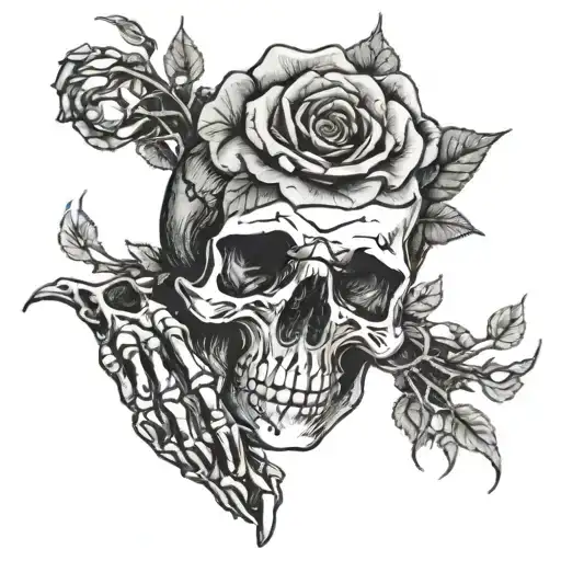Skeleton hand tattoo with rose blooming from center of hand and vines wrapping around the bones tattoo design idea