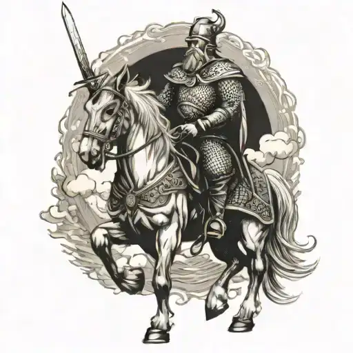 I want the image of a Viking knight with his sword on his back riding a horse heading towards a lighthouse in tattoo design idea