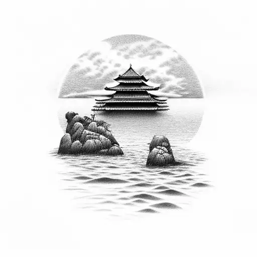 A serene seascape with a lone samurai meditating on a rock tattoo design idea
