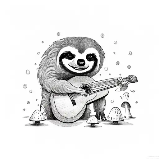 A detailed sketch-style tattoo of a sloth playing a guitar on a bed of mushrooms tattoo design idea