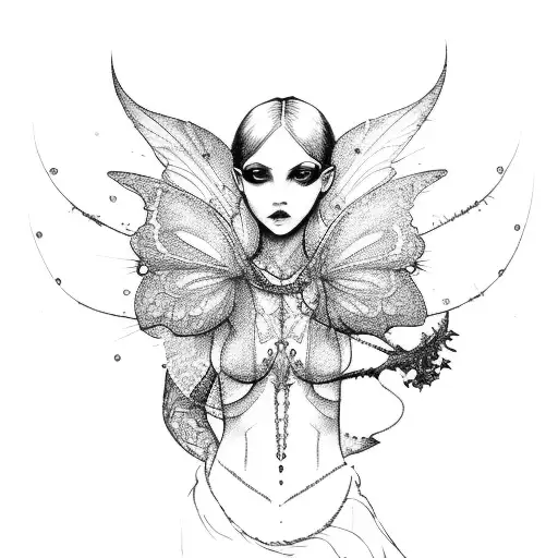 A BDSM-inspired drawing of a fairy in a nature setting tattoo design idea