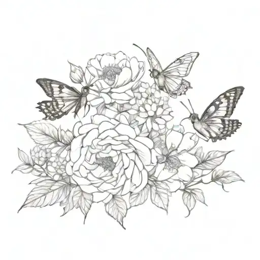 butterflies, peonies, hummingbird, caterpillar, wildflowers, tattoo design idea