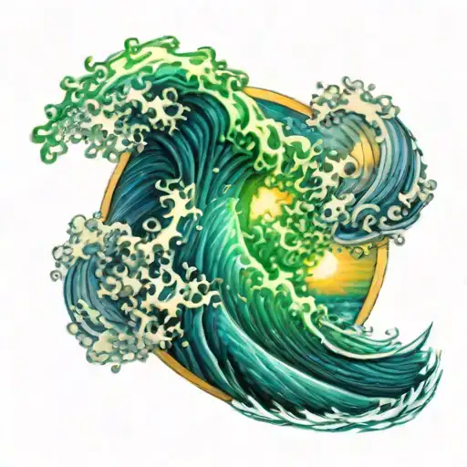 An ocean wave with green and blue under a radiant sun in a circle  tattoo design idea