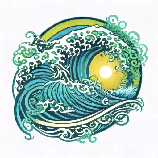 A blue circle shaped ocean wave with blue and green under a radiant sun tattoo design idea