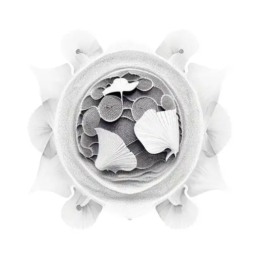 black ink 3d sphere made from gingko leaves stylised like a school of fish tattoo design idea