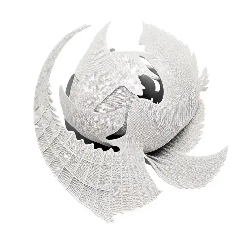 black ink 3d sphere made from ginkgo leaves stylised like a school of fish tattoo design idea