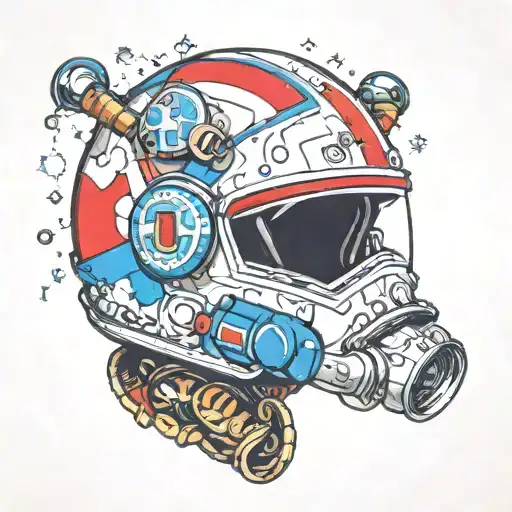 Science fiction helmet incorporating the initials RSO and date 7-4-23 Create in color with primary colors red white blue tattoo design idea