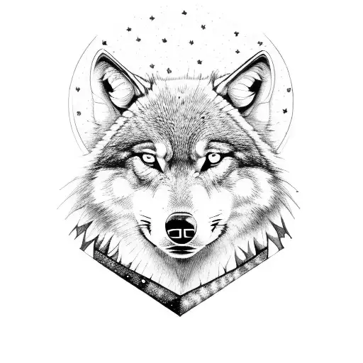woods, wolf, moon, stars tattoo design idea