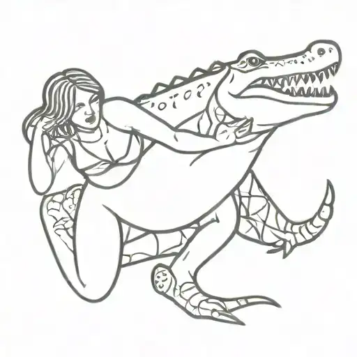 a strong feminist women wrestling an alligator, the woman is dominating the alligator and winning. Keep it simple tattoo design idea