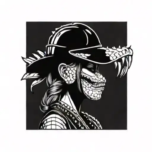 woman wearing an alligator head helmet tattoo design idea
