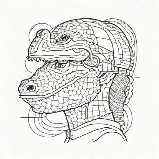 woman wearing an alligator head helmet tattoo design idea